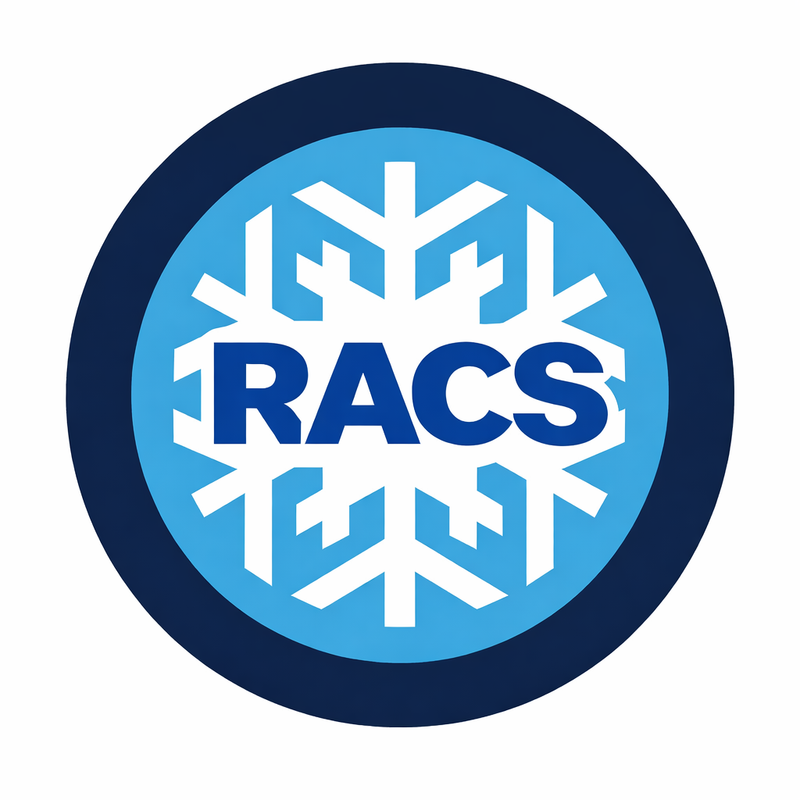 Logo with 'RACS' text and snowflake design on a blue background