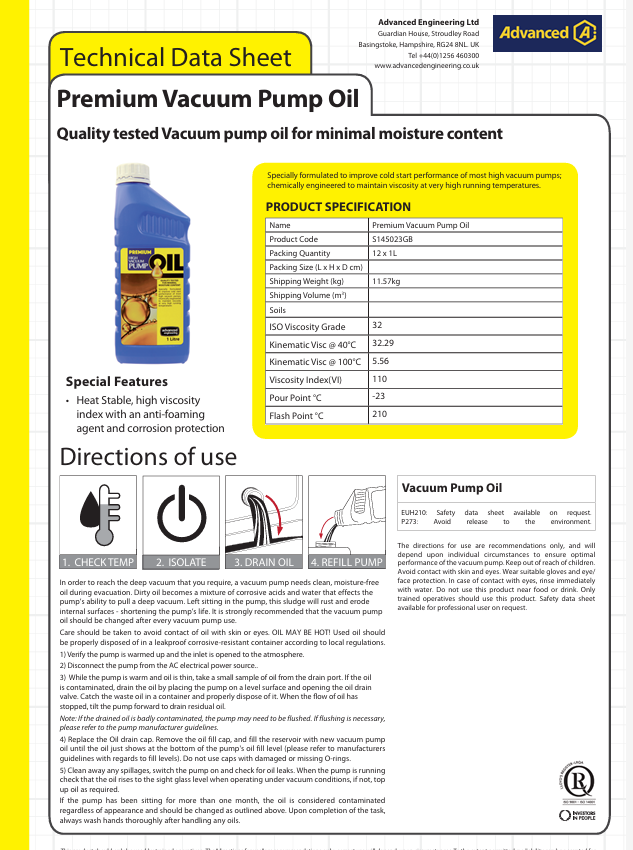 Advanced Premium Vacuum Pump Oil 1L