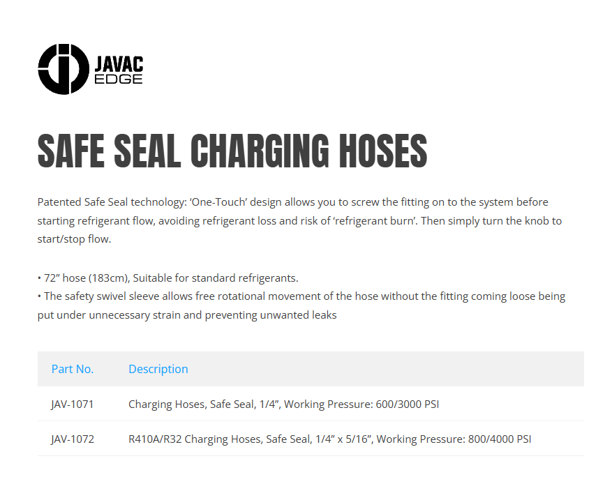 خراطيم شحن آمنة مانعة للتسرب JAV-1072 R410A/R32، طول 72 بوصة، مقاس 1/4 بوصة × 5/16 بوصة، ضغط 800/4000 رطل لكل بوصة مربعة