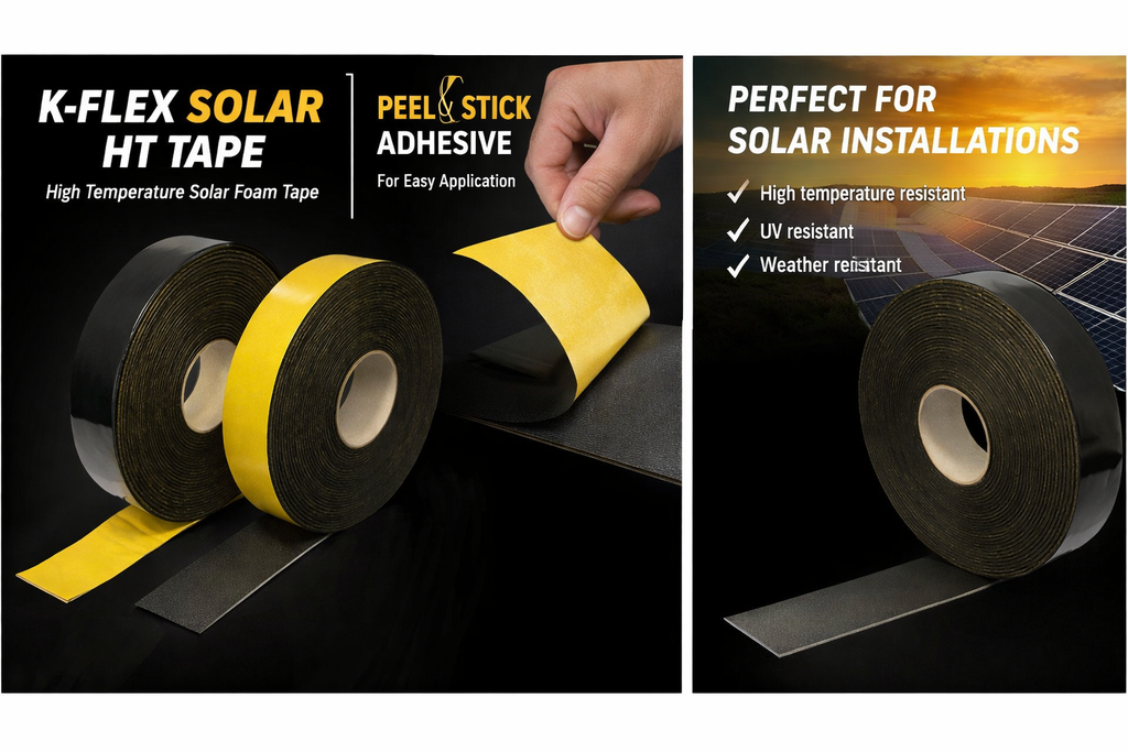 K-Flex Solar HT Tape with peel and stick adhesive on a black background, showing its application on solar panels.