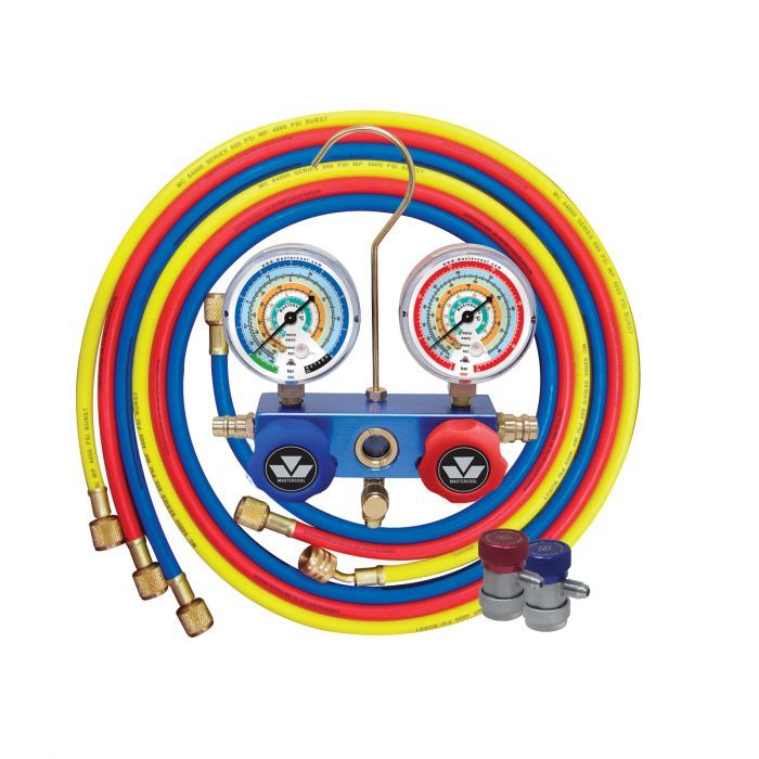 Mastercool 1/4 Auto Air Con 2 Way Manifold with Lines and Couplers