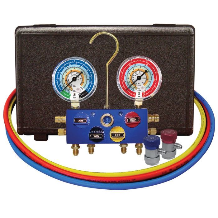 Mastercool 4 Way Ball Valve Manifold for Automotive AC, Includes Hoses, Couplers