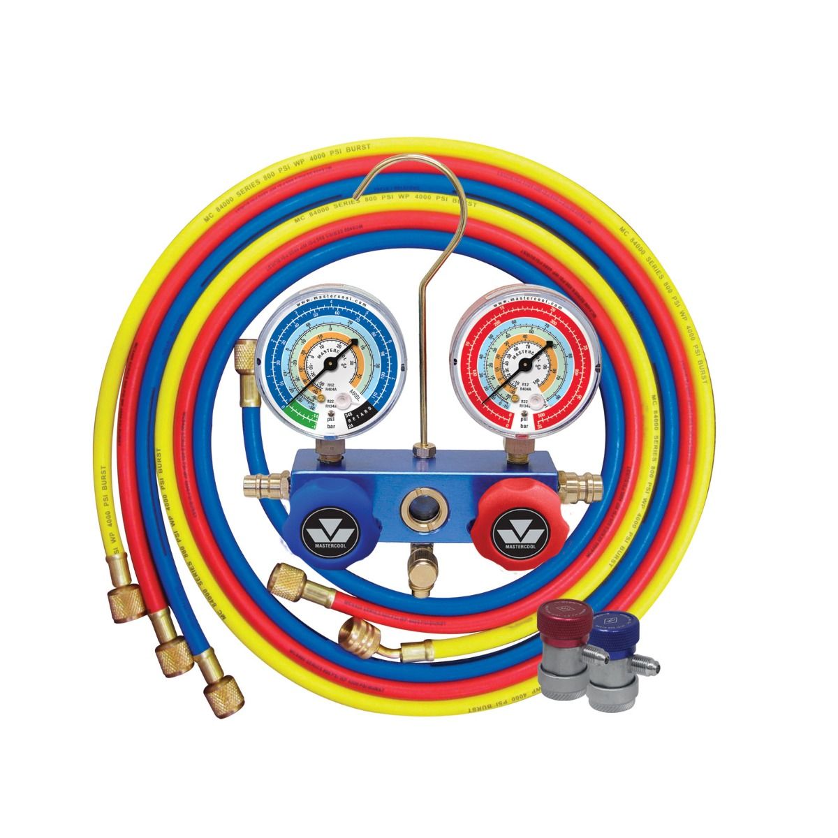Mastercool 4-Way Manifold Gauge Set - R134a A/C Service with Colour-Coded Hoses