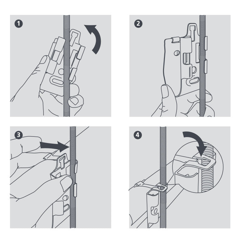 Step-by-step illustration of a mechanical device assembly on a gray background